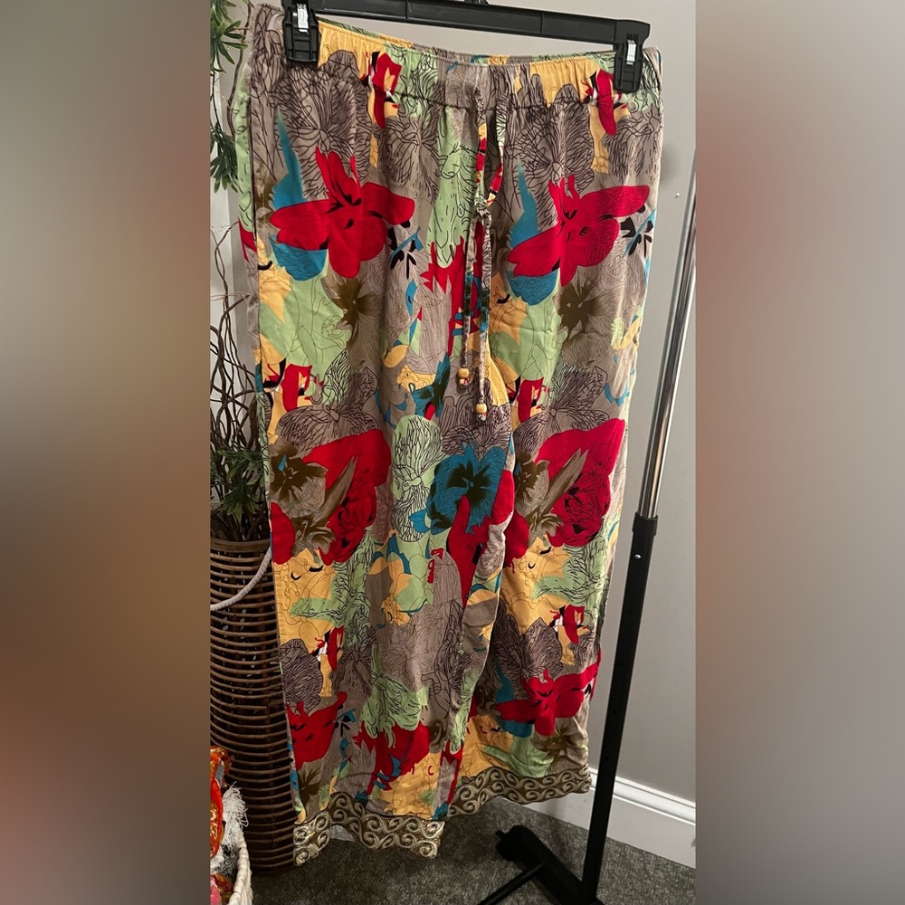 Sudara Punjammies (LP) - Red Multi Floral Pattern, Silver Wave Trim Pajama Pants